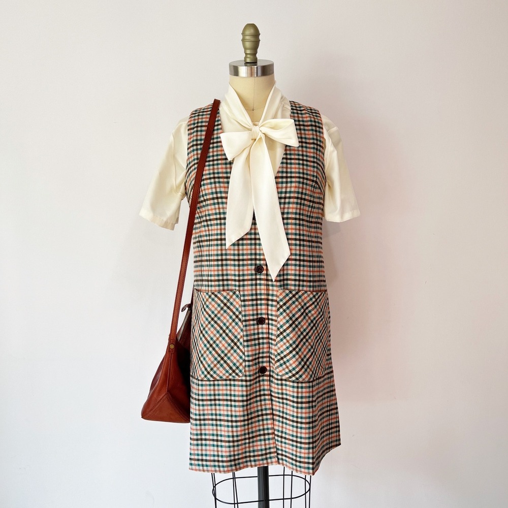 Compania Fantastica Pinafore Dress Multi-Color Plaid Button Front Pockets S